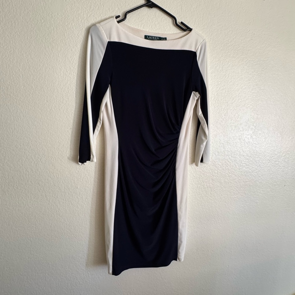 Ralph Lauren Black and Blue Sheath Dress with Bateau Neckline